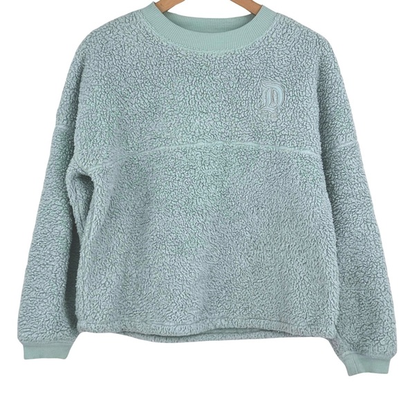 Disney Shimmery Aqua Disneyland Faux Sherpa Spirit Jersey Long Sleeve Sweater - Picture 1 of 9